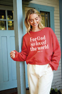 Pre-Order - For God so loved the world - Mid Crop Graphic Sweatshirt in Red