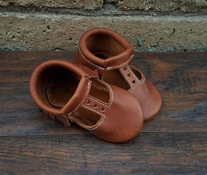 T-strap in Brick color with brown suede sole Moccasins - littlelightcollective